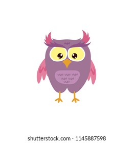 Cute purple smiling happy owl graphic design template. Tee print, shirt, embroidery, flat design for kids fashion textile. Animal concept vector illustration