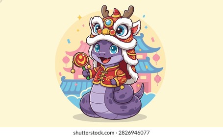 Cute purple snake character celebrating Chinese New Year wearing traditional dragon costume and holding rattle drum.