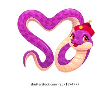 Cute purple snake character with valentines day love heart shape. Cartoon funny reptile wearing red traditional, festive Chinese hat with a cheerful expression, symbolizes cultural celebration and joy