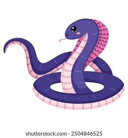 Cute purple snake. Colorful suffocating reptile. Chinese New Year symbol. Funny snake character isolated on white background. Vector illustration for card, sticker, calendar.