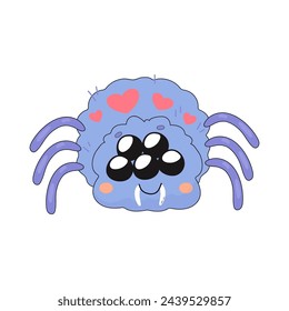 Cute purple spider, cartoon, children character insect. Vector illustration on white background