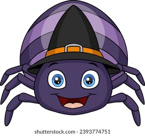Cute purple spider cartoon wearing witch hat