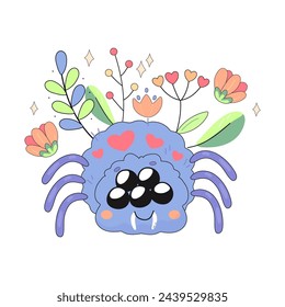 linda araña morada con flores, concepto, dibujos animados, niños insecto personaje para la impresión de camisetas, postales, su diseño