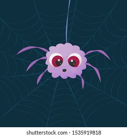 Cute purple spider on cobweb. Traditional halloween symbol. Cartoon vector illustration