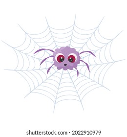 Cute purple spider on cobweb. Cartoon vector illustration
