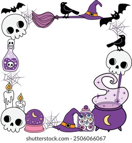 Cute Purple Spooky Halloween Witchy Frame Border Wreath Garland with Cauldron, Witch Hat, Broomstick, Crow, Bat and Potion Bottles hand drawn clipart vector for decorate card poster banner background