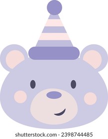 Cute purple teddy bear in a hat vector clip art flat illustration, adorable decorative element