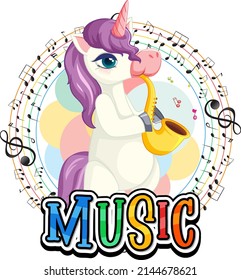 Cute purple unicorn blowing saxophone with music notes on white background illustration