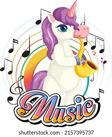 Cute purple unicorn blowing saxophone with music notes on white background illustration