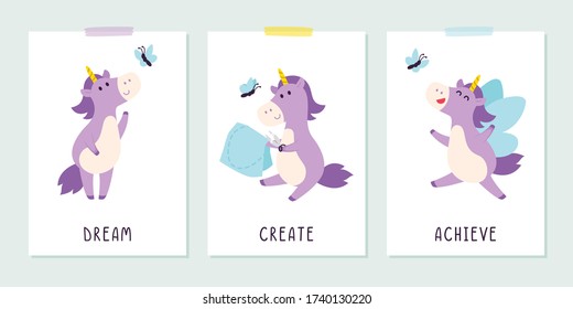 Cute purple unicorn with butterfly in the childish style. Positive inspirational saying for posters and cards. Dream, create, achieve banner, t-shirt print design. Flat vector illustration.