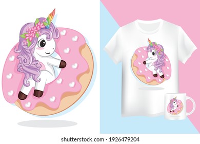 Cute purple unicorn with pink donuts. Mock up shirt and mug with unicorn cartoon character.