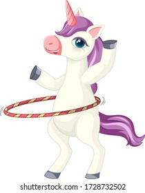 Cute purple unicorn in playing hula hoop position on white background illustration