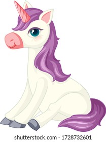 Cute purple unicorn in sitting position on white background illustration