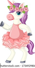 Cute purple unicorn wearing flower crown in standing position on white background illustration