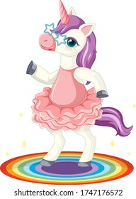 Cute purple unicorn wearing star glasses in standing on rianbow position on white background illustration