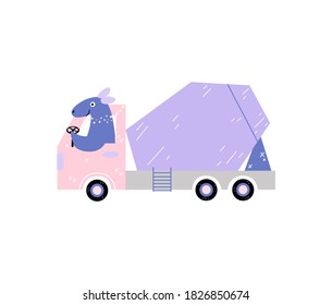 Cute purple vector dinosaur on concrete mixer truck. Ideal for poster in a baby room, baby print on t-shirt