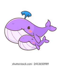 Cute purple whale mom and baby cartoon vector illustration. Adorable and kawaii animal concept design. Undersea aquatic mammals.Isolated white background.