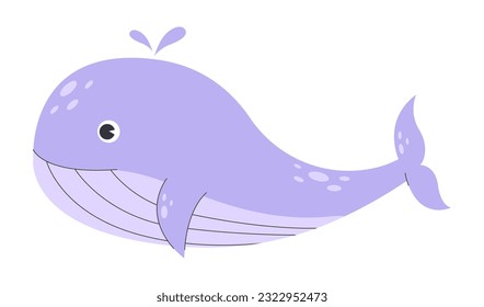 Ballenas puras en el mar o en el océano. Un animal submarino gigante. Afiche con una bonita ballena marina morada. Ilustración vectorial plana de color infantil aislada en blanco.