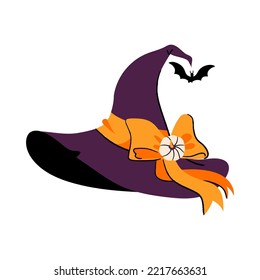 Cute sombrero de bruja morado con arco y calabaza, murciélago aislado en fondo blanco. Ilustración plana vectorial mágica de Halloween. Bueno para la impresión de camisetas, afiche, tarjeta, etiqueta, otros regalos