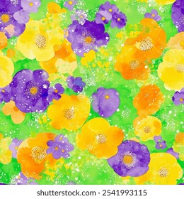 Lindo patrón de acuarela transparente floral púrpura y amarillo sobre fondo verde. Ilustración vectorial de flores. Impresión de acuarela en estilo rústico vintage, textil o Fondos de pantalla.