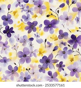 Cute purple and yellow floral watercolor seamless pattern with watercolor background. Flower vector illustration. Watercolor print in rustic vintage style, textile or wallpapers.