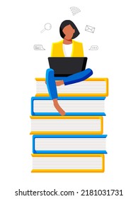 A cute purposeful female student is sitting with a laptop among books and textbooks. Online education concept in blue and yellow colors flat style on white background. Vector.