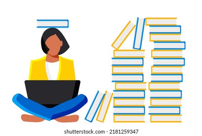 A cute purposeful female student is sitting with a laptop among books and textbooks. Online education concept in blue and yellow colors flat style on white background. Vector.