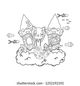 cute purrmaid with castle undersea