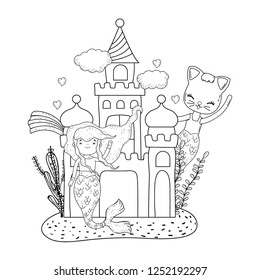 cute purrmaid with castle undersea