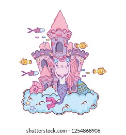 cute purrmaid with castle undersea