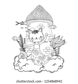 cute purrmaid with castle undersea