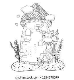 cute purrmaid with castle undersea