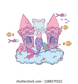 cute purrmaid with castle undersea
