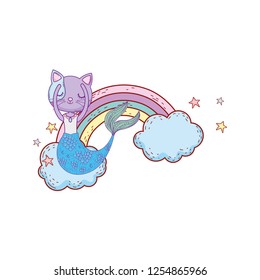 cute purrmaid with clouds and rainbow