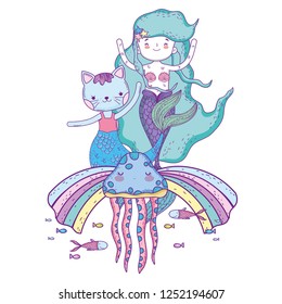cute purrmaid and mermaid with rainbow