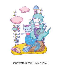 cute purrmaid and mermaid undersea scene
