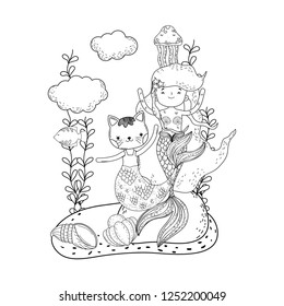 cute purrmaid and mermaid undersea scene