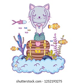 cute purrmaid with treasure chest