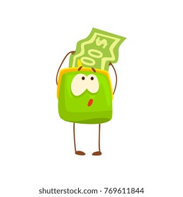 Cute purse character with dollar bill, funny green humanized pouch cartoon vector illustration