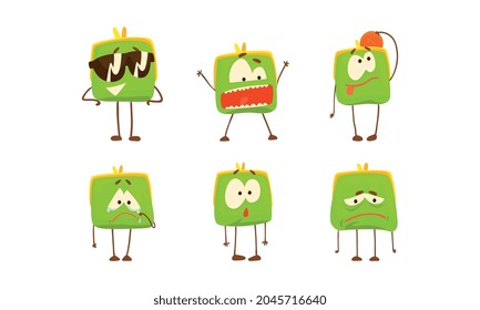 Cute Purse with Funny Faces Set, Green Funny Pouch Charaters with Different Emotions Cartoon Vector Illustration