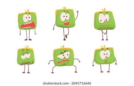 Cute Purse Showing Different Emotions Set, Green Funny Wallet Charaters with Funny Faces Cartoon Vector Illustration