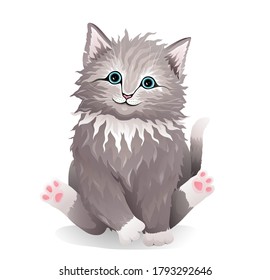 Cute pussy grey cat adorable fluffy pet, realistic illustration for your apparel t shirt or other design. Vector kitten cartoon sitting funny, hand drawn artistic design.