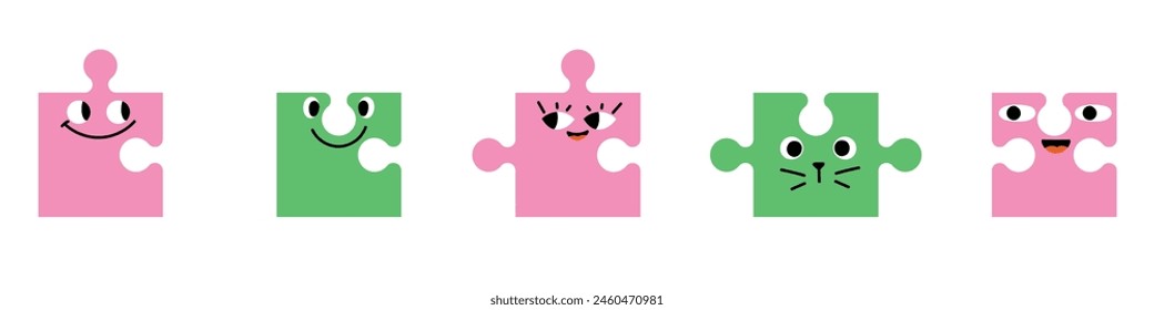 Cute puzzle character with abstract face, eyes and funny expression emoji. Flat vector illustration isolated on white background.