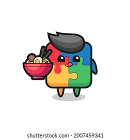 cute puzzle character eating noodles , cute style design for t shirt, sticker, logo element
