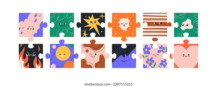 Cute puzzle characters set. Abstract funny faces on creative jigsaw design pieces. Kids game with emotions, expressions, mood, feelings. Colored flat vector illustrations isolated on white background