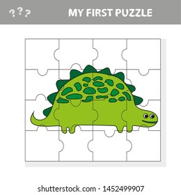 Cute puzzle game. Vector illustration of puzzle game with happy cartoon dino for children