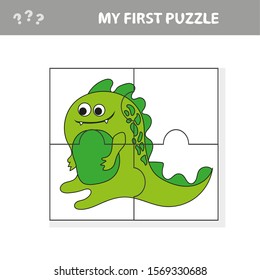 Cute puzzle game. Vector illustration of puzzle game with happy cartoon dino for children