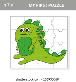 Cute puzzle game. Vector illustration of puzzle game with happy cartoon dino for children