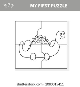 Cute puzzle game. Vector illustration of puzzle game with happy cartoon dino for children. My first puzzle. Coloring page