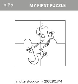 Cute puzzle game. Vector illustration of puzzle game with happy cartoon lizard. My first puzzle for children and coloring page